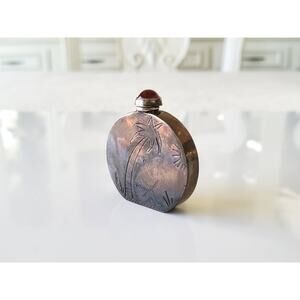 Vintage Mexican Sterling Silver Engraved Mini Perfume Bottle with Red Gemstone